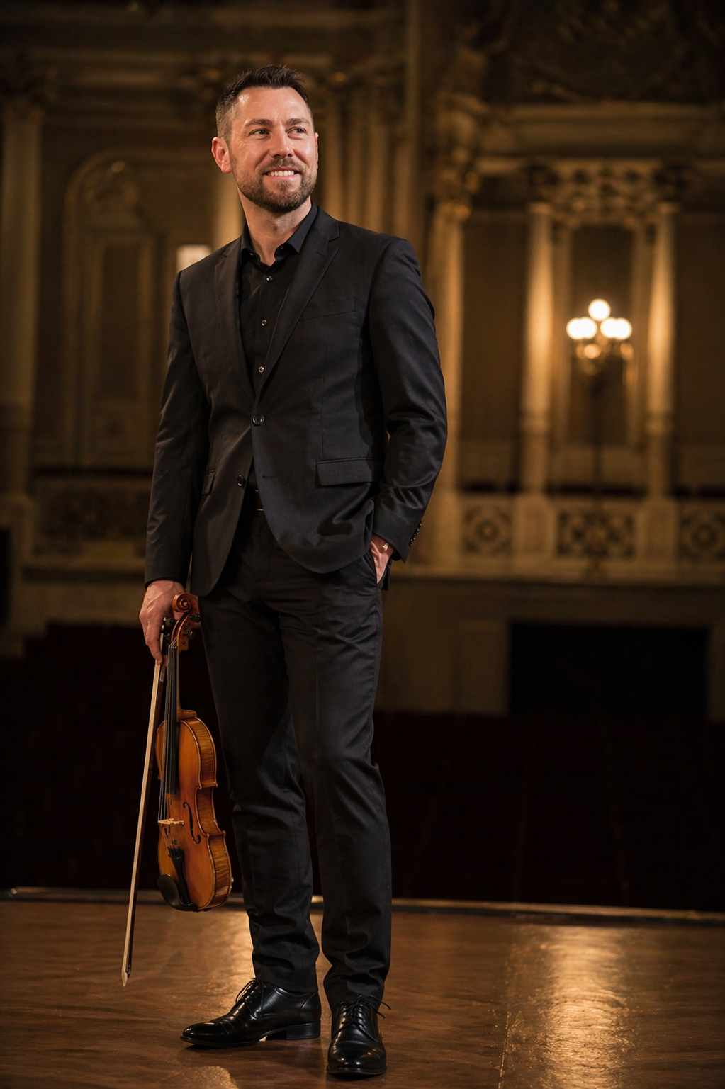 William Samorey holding violin on a warm concert hall stage